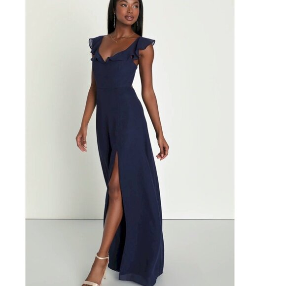 Lulus Sweetest Entrance Navy Blue Ruffled Tie-Back Maxi Dress Size Large New NWT - Picture 3 of 6